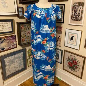 Vintage Made In Hawaii Blue Red White Short Sleeve Floral Maxi Dress Size 12